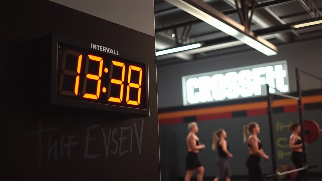 크로스핏 박스 벽면에 설치된 디지털 타이머가 인터벌 시간을 표시하는 장면