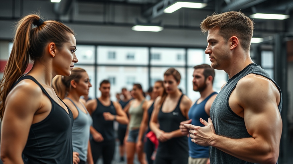 체육관에서 타이머를 보며 크로스핏 인터벌 훈련을 준비하는 사람들의 모습